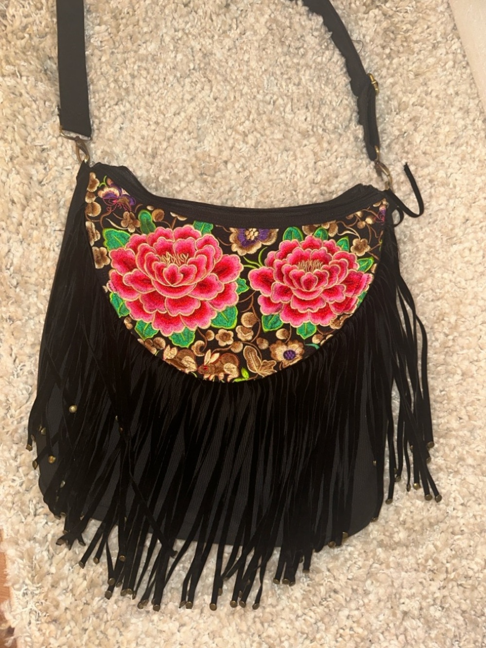 Black Fringe Crossbody Bag with Pink Floral Embroidery